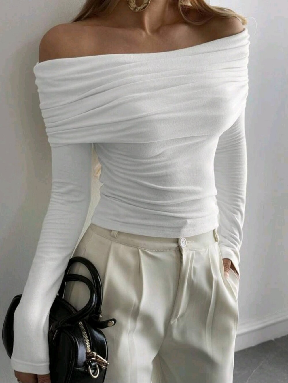 Women's Off Shoulder Fitted T-Shirt, Autumn/Winter New Arrival Long Sleeve - Picture 4 of 5